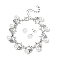 White Shell Pearl and White Crystal Bracelet (6.50-8.00In) and Stud Earrings in Stainless Steel