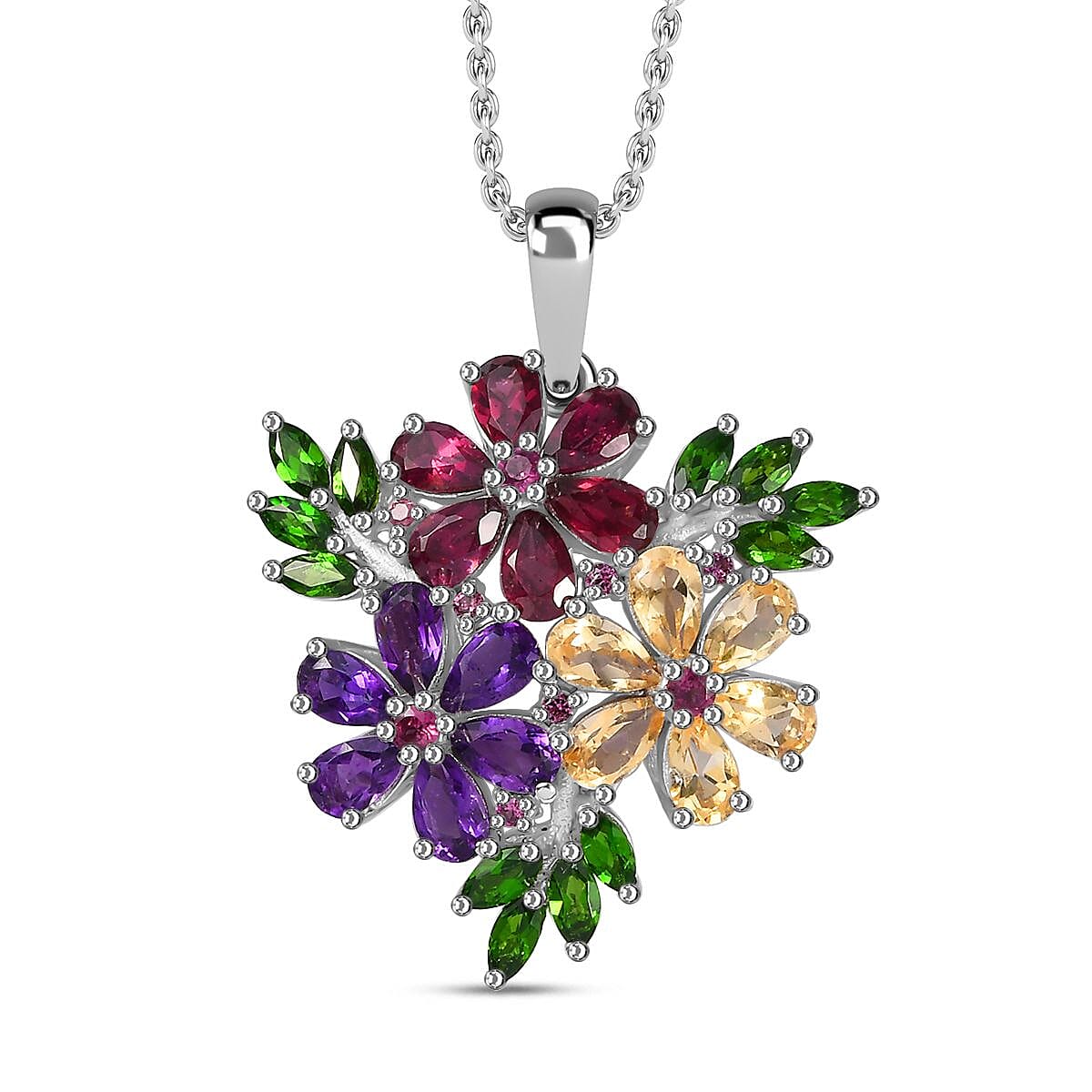 Multi Gemstone Hibiscus Flower Pendant Necklace 20 Inches in Rhodium Over Sterling Silver 5.50 ctw