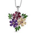 Multi Gemstone Hibiscus Flower Pendant Necklace 20 Inches in Rhodium Over Sterling Silver 5.50 ctw - Sticky add to cart bar