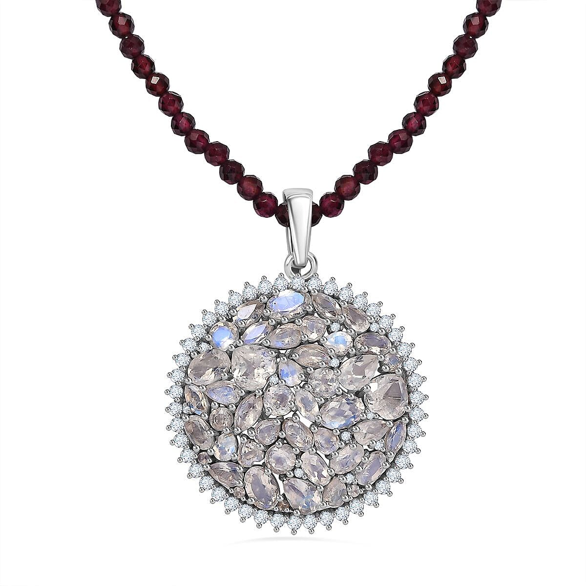 Moon Glow Moonstone and White Zircon Medallion Pendant with Rhodolite Garnet Beaded Necklace 20 Inches in Rhodium Over Sterling Silver 83.00 ctw
