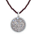 Moon Glow Moonstone and White Zircon Medallion Pendant with Rhodolite Garnet Beaded Necklace 20 Inches in Rhodium Over Sterling Silver 83.00 ctw - Sticky add to cart bar