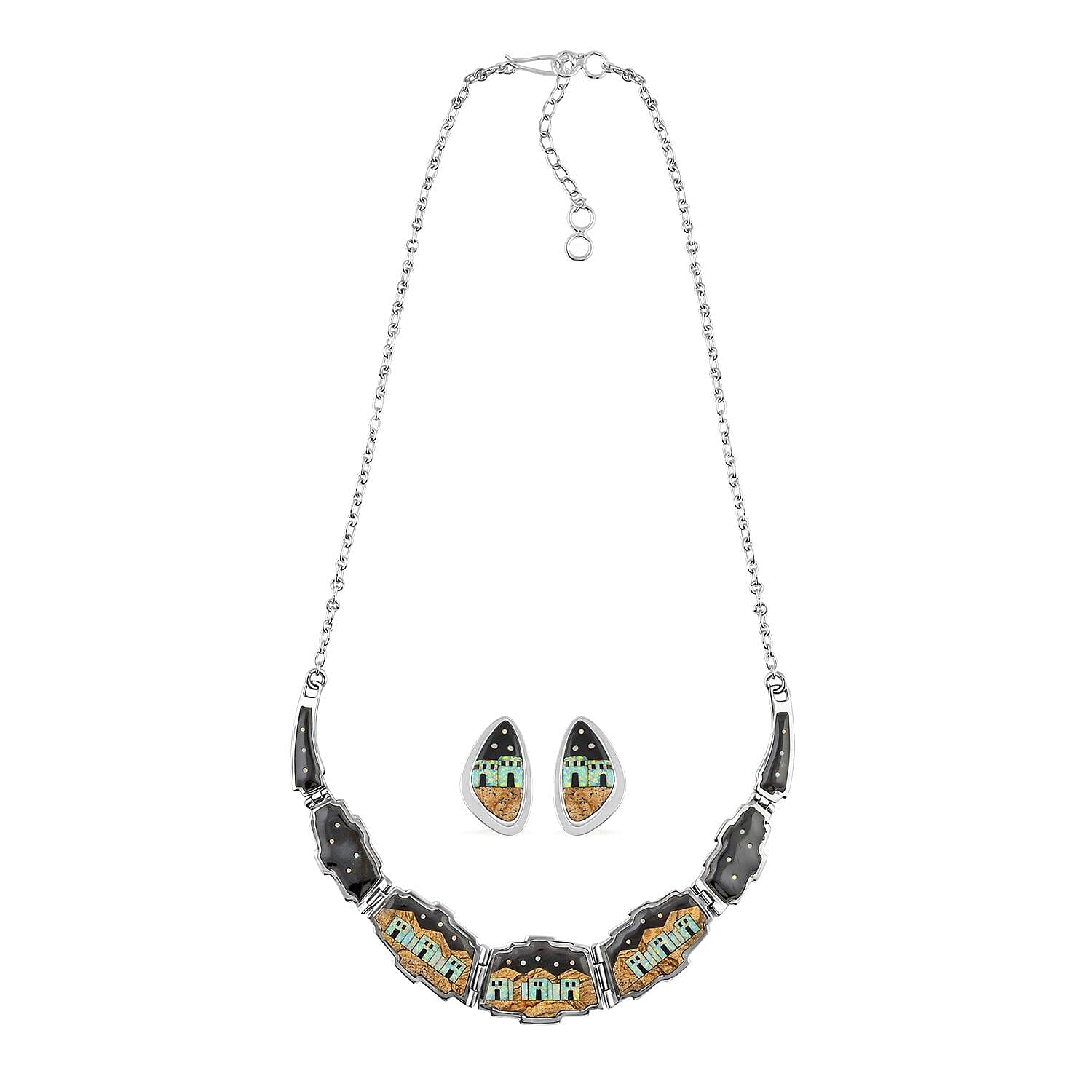 Santa Fe Style Black Onyx and Multi Gemstone Necklace 18 Inches and Earrings in Sterling Silver 45.75 ctw