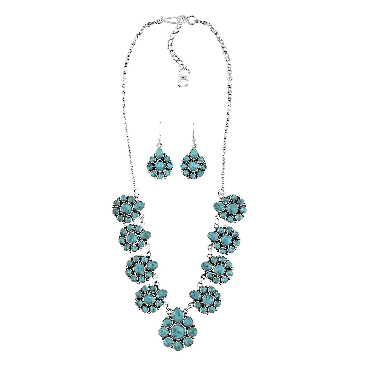 Santa Fe Style Turquoise Earrings and Necklace (18-20 Inches) in Sterling Silver 80.00 ctw