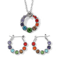 Seven Chakra Color Austrian Crystal Circle Necklace 20-22 Inches and Hoop Earrings in Silvertone - Sticky add to cart bar