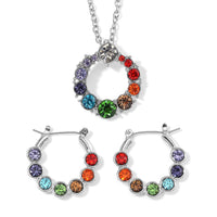 Seven Chakra Color Austrian Crystal Circle Necklace 20-22 Inches and Hoop Earrings in Silvertone