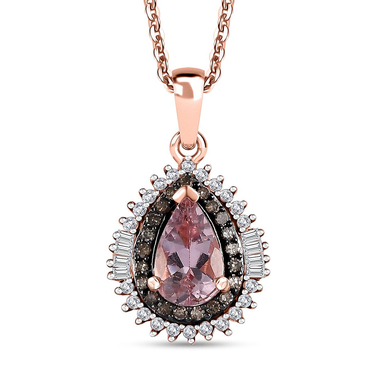 Premium Pink Morganite, Natural Champagne and White Diamond Double Halo Pendant Necklace 20 Inches in 18K Vermeil Rose Gold Over Sterling Silver 1.00 ctw