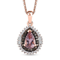 Premium Pink Morganite, Natural Champagne and White Diamond Double Halo Pendant Necklace 20 Inches in 18K Vermeil Rose Gold Over Sterling Silver 1.00 ctw