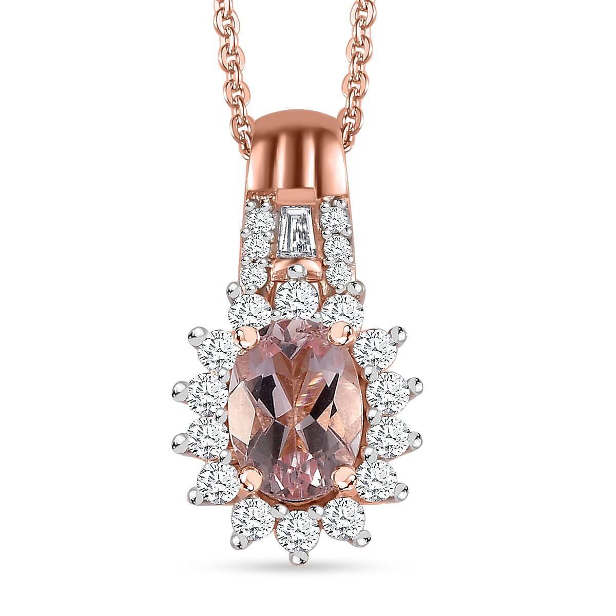 Premium Pink Morganite and Moissanite Pendant Necklace 20 Inches in 18K Vermeil Rose Gold Over Sterling Silver 1.10 ctw