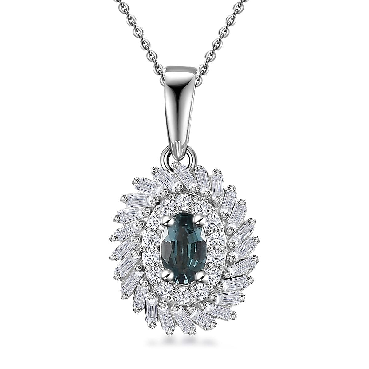 Premium Pirineu Lagoon Tourmaline and Diamond Floral Pendant Necklace 20 Inches in Rhodium Over Sterling Silver 0.55 ctw