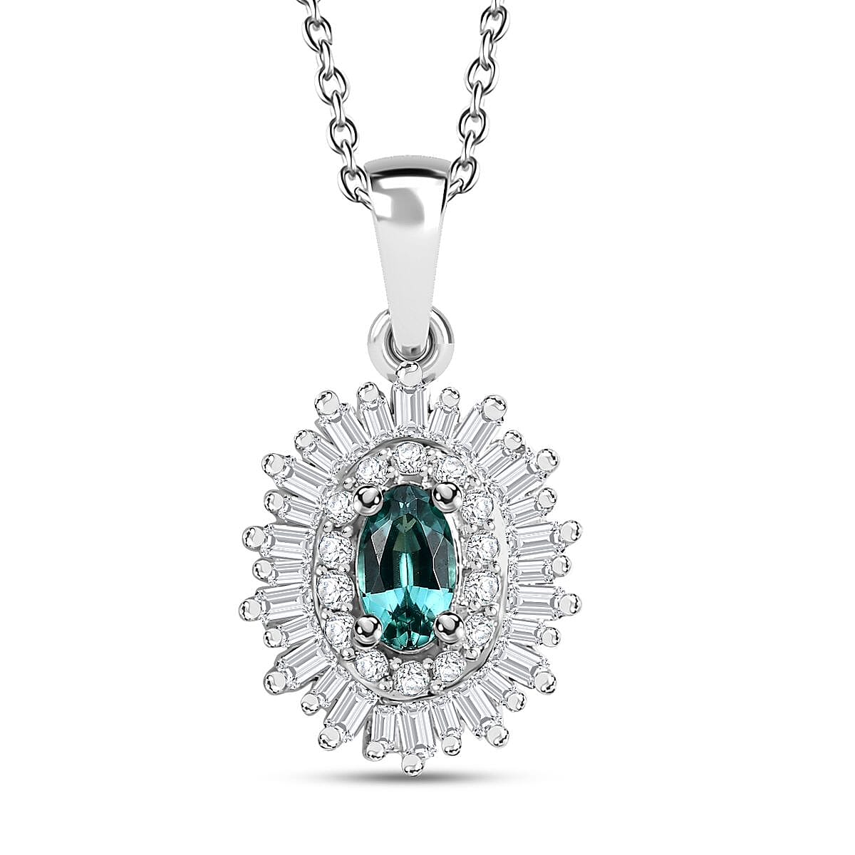 Premium Pirineu Lagoon Tourmaline and Diamond Sunrays Pendant Necklace 20 Inches in Rhodium Over Sterling Silver 0.55 ctw