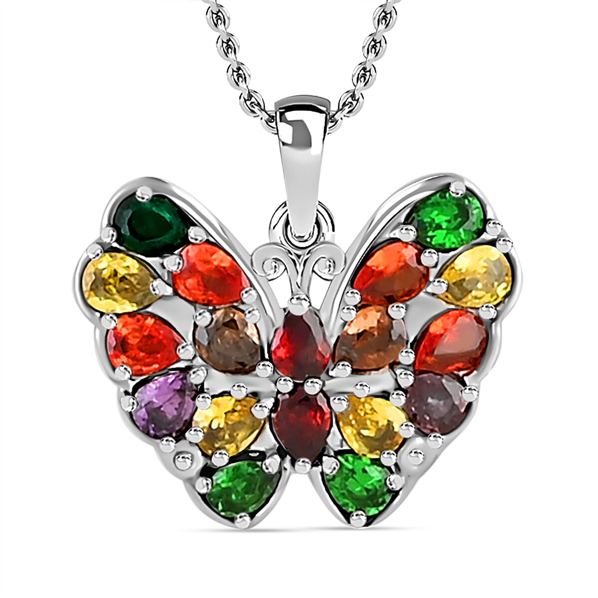 Simulated Multi Color Diamond 4.50 ctw Butterfly Pendant Necklace 20 Inches in Stainless Steel