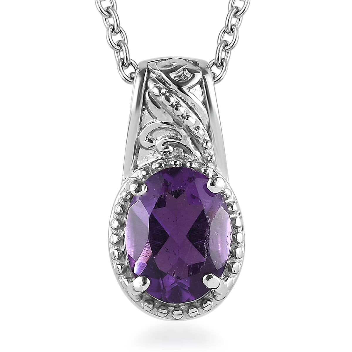 African Amethyst Solitaire Pendant Necklace (20 Inches) in Stainless Steel 1.65 ctw