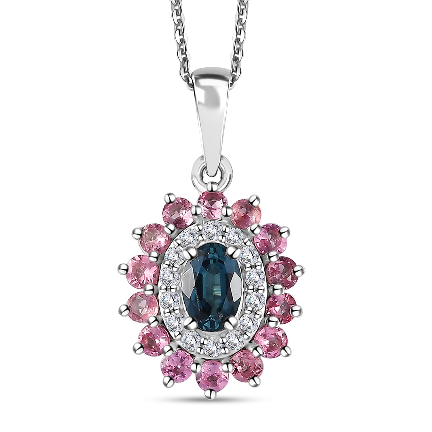 Premium Monte Belo Indicolite and Multi Gemstone 1.35 ctw Sunburst Pendant Necklace in Rhodium Over Sterling Silver 20 Inches