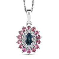 Premium Monte Belo Indicolite and Multi Gemstone 1.35 ctw Sunburst Pendant Necklace in Rhodium Over Sterling Silver 20 Inches