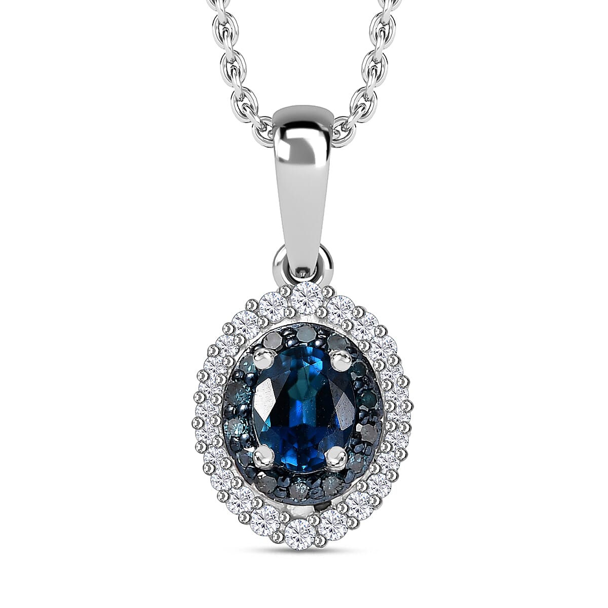 Premium Monte Belo Indicolite, Blue and White Diamond 0.50 ctw Oceanic Radiance Pendant Necklace 20 Inches in Rhodium Over Sterling Silver