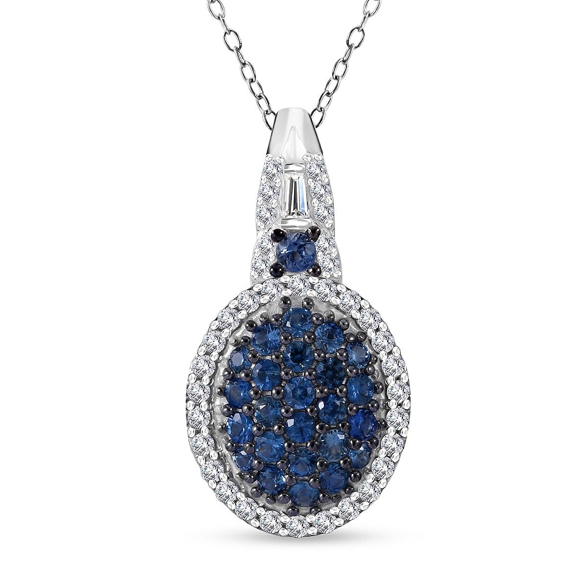 Ceylon Blue Sapphire, Moissanite Pendant Cluster Necklace (20 Inches) in Rhodium Over Sterling Silver 1.35 ctw