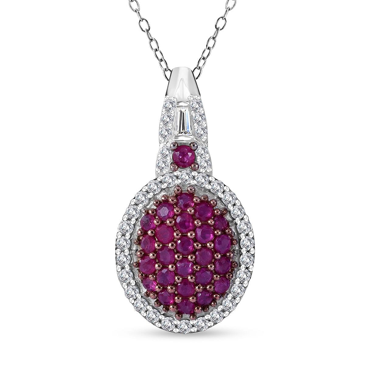 Ceylon Blue Sapphire, Moissanite Pendant Cluster Necklace (20 Inches) in Rhodium Over Sterling Silver 1.35 ctw