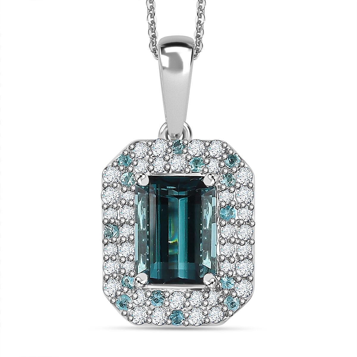 Certified & Appraised Rhapsody 950 Platinum AAAA Monte Belo Indicolite, Paraiba Tourmaline and E-F VS Diamond Double Halo Pendant Necklace 18 Inches 4.80 Graams 2.94 ctw