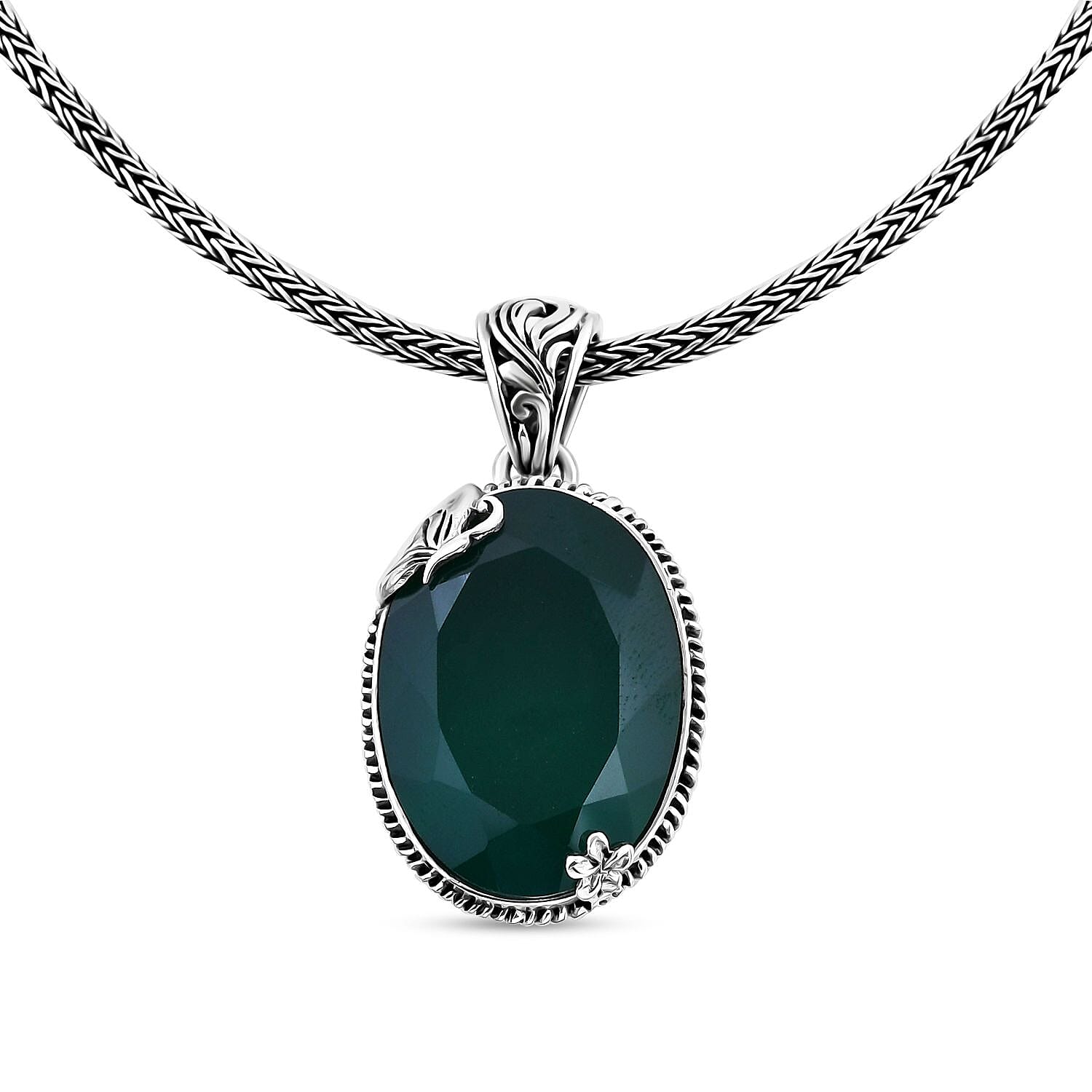 Bali Legacy Verde Onyx 19.70 ctw Floral and Butterfly Pendant with Tulang Naga Necklace 18 Inches in Sterling Silver