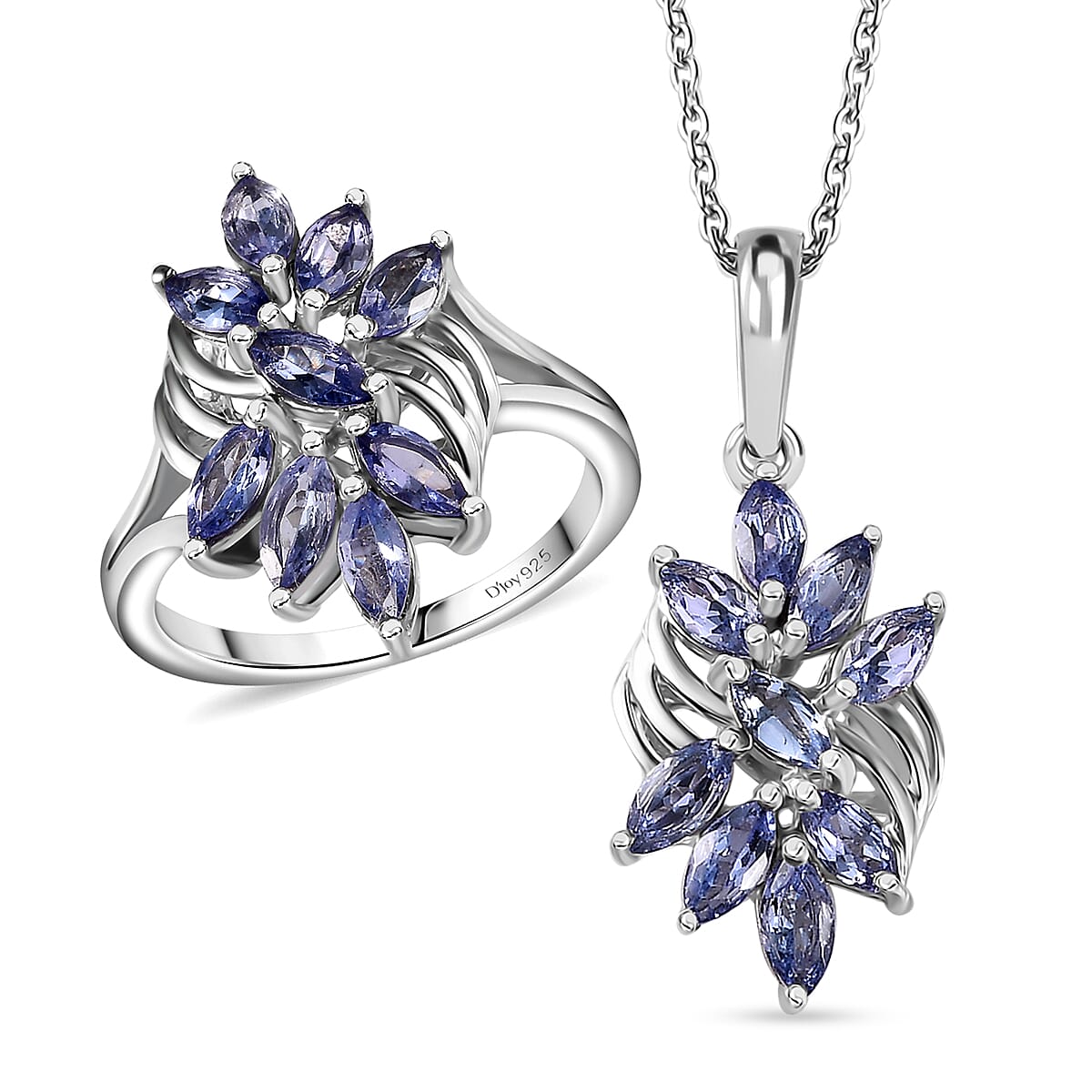 Tanzanite Floral Ring (Size 5.0), Pendant Necklace (20 Inches) in Rhodium Over Sterling Silver 2.40 ctw