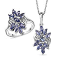 Tanzanite Floral Ring (Size 5.0), Pendant Necklace (20 Inches) in Rhodium Over Sterling Silver 2.40 ctw - Sticky add to cart bar