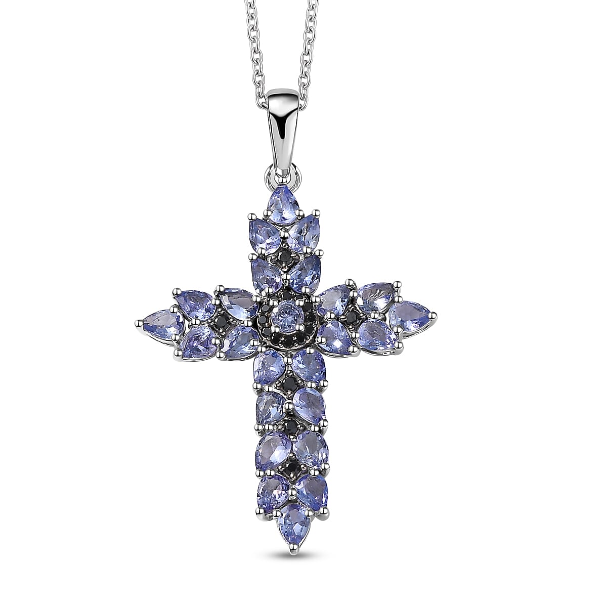 Tanzanite and Thai Black Spinel 3.60 ctw Cross Pendant Necklace in Rhodium Over Sterling Silver 20 Inches