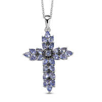 Tanzanite and Thai Black Spinel 3.60 ctw Cross Pendant Necklace in Rhodium Over Sterling Silver 20 Inches