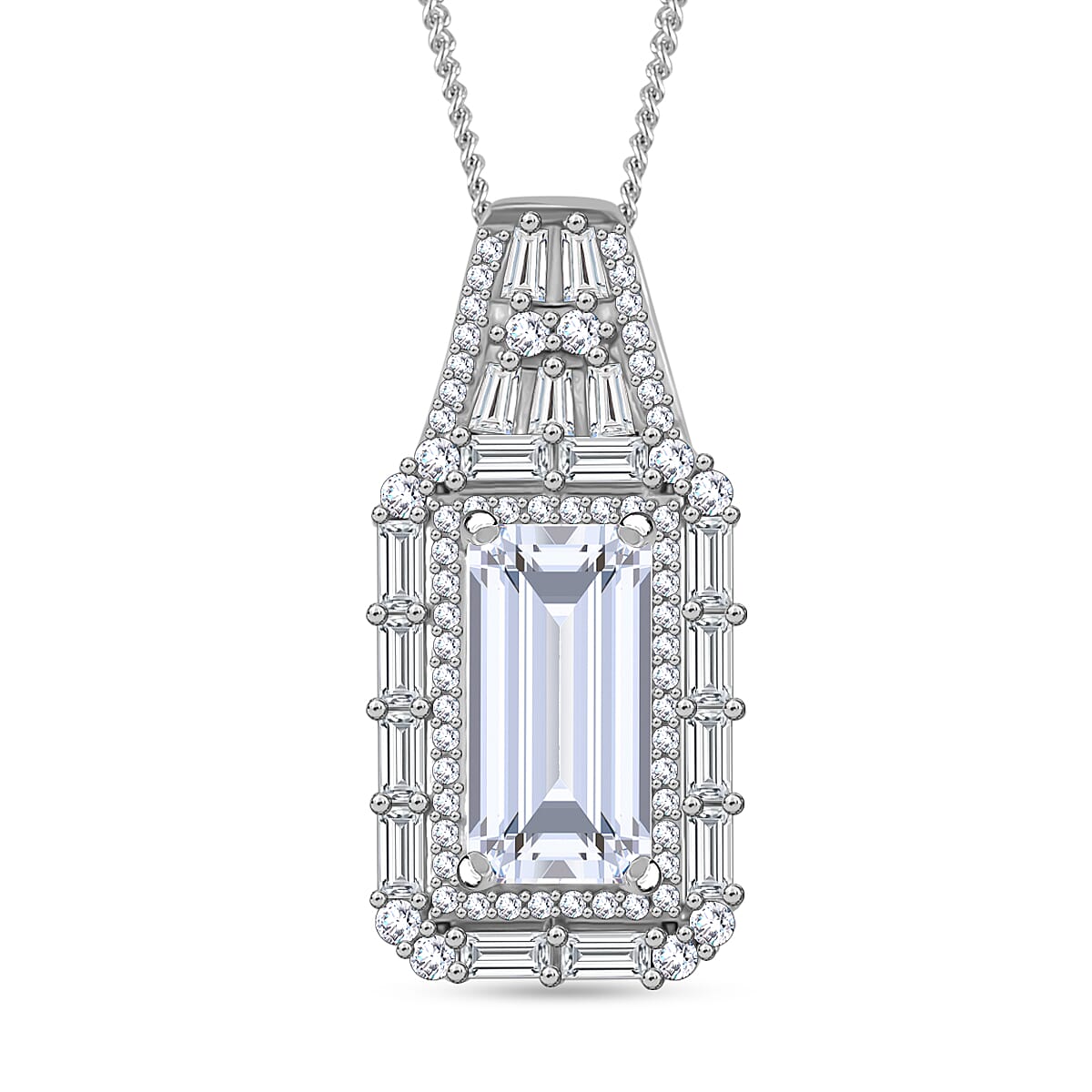 TLV Moissanite (Bgt 12x6mm) Baguette Shape Pendant Necklace (20 Inches) in Rhodium Over Sterling Silver 4.40 ctw