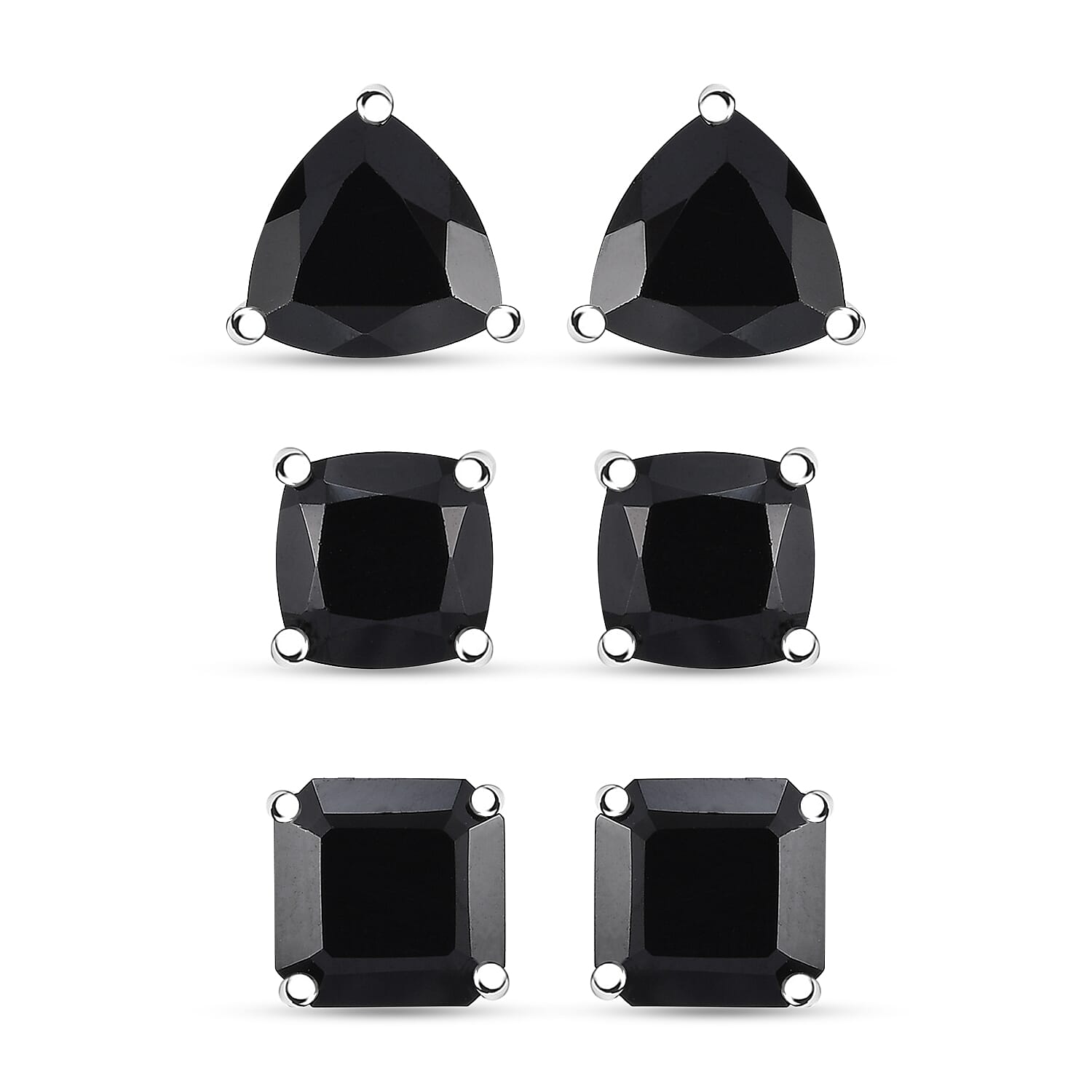 Set of 3 Thai Black Spinel 18.20 ctw Solitaire Stud Earrings in Rhodium Over Sterling Silver