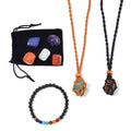 Multi Gemstone 163.00 ctw Seven Chakra, 7 Pcs Interchangeable Stone with 2 Basket Pendant Necklace (28 Inches) and Beaded Stretch Bracelet in Goldtone - Sticky add to cart bar