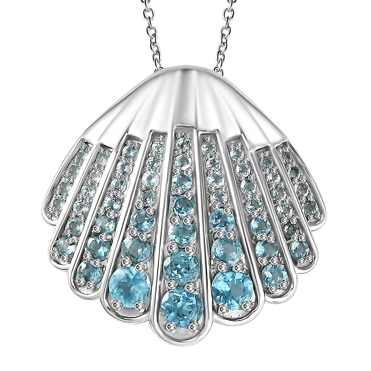 Premium Betroka Blue Apatite 3.00 ctw Sea-Shell Pendant Necklace in Rhodium Over Sterling Silver 20 Inches