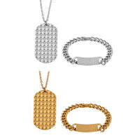 Set of 2 Texture Dog Tag Men's Bracelet (8in) and Pendant Necklace (24 Inches) in ION Plated YG and Stainless Steel