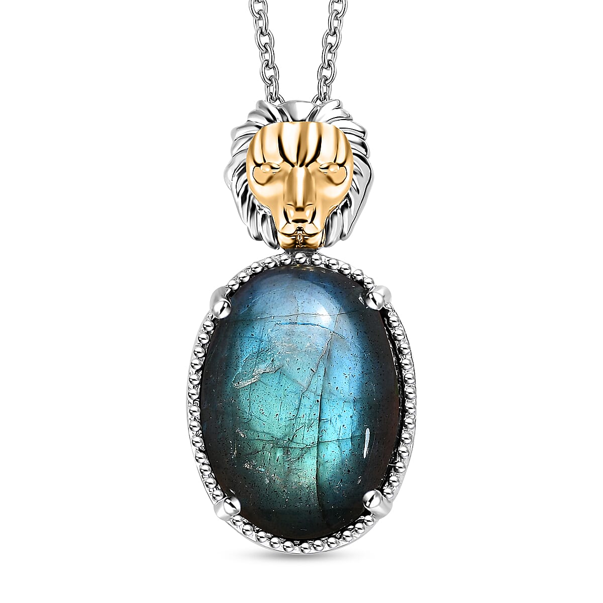 Karis Malagasy Labradorite 15.35 ctw Lion Pendant in 18K YG Plated and Platinum Bond With Stainless Steel Necklace 20 Inches