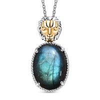 Karis Malagasy Labradorite 15.35 ctw Lion Pendant in 18K YG Plated and Platinum Bond With Stainless Steel Necklace 20 Inches