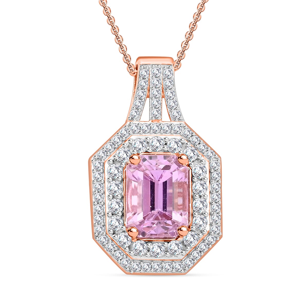 AAA Patroke Kunzite and Moissanite Cocktail Pendant Necklace 20 Inches in 18K Vermeil Rose Gold Over Sterling Silver 5.50 ctw