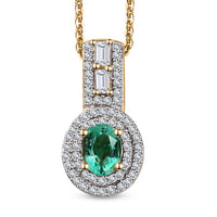 Boyaca Colombian Emerald and White Zircon 1.00 ctw Art and Deco Pendant Necklace in 18K Vermeil Yellow Gold Over Sterling Silver 20 Inches