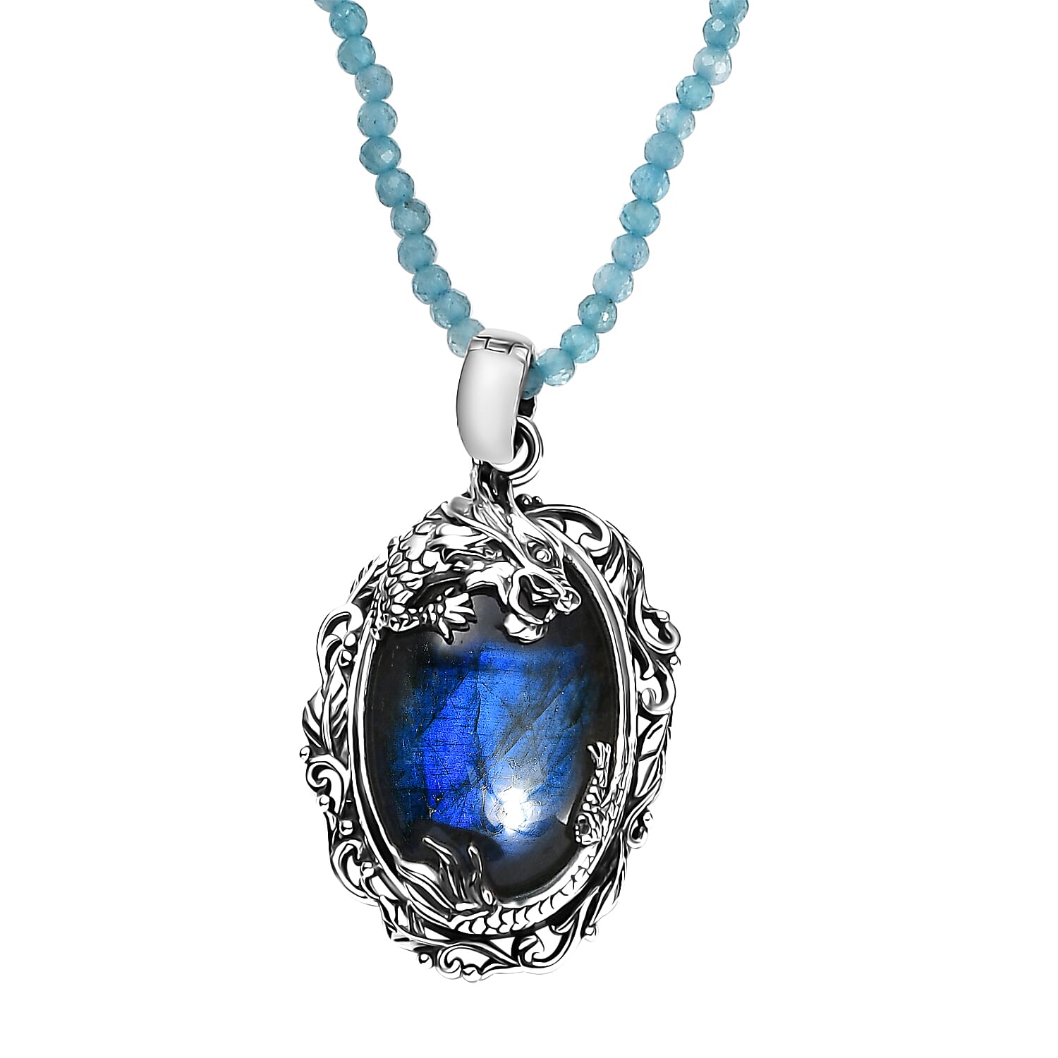 Malagasy Labradorite Pendant with Apatite Beaded Necklace 106.00 ctw in Rhodium Over Sterling Silver 20 Inches