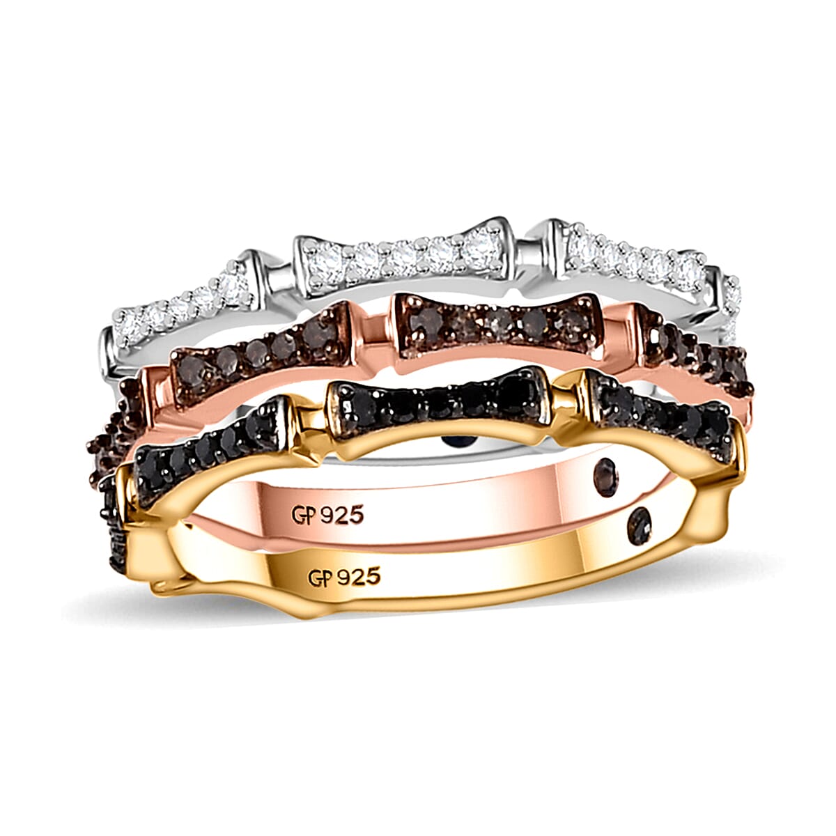 GP Italian Garden Collection Multi Diamond (Natural & IR) Set of 3 Stack Ring in 18K Vermeil YRG and Rhodium Over Sterling Silver (Size 6.0) 0.50 ctw
