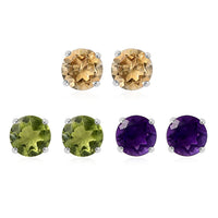 Set of 3 African Amethyst, Brazilian Citrine and Peridot Solitaire Stud Earrings in Sterling Silver 2.85 ctw