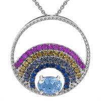 Sky Blue Topaz and Multi Sapphire 2.00 ctw Celestial Orbit Pendant Necklace in Rhodium Over Sterling Silver 20 Inches