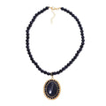 Blue Sandstone 268.05 ctw Halo Pendant with Beaded Necklace in Goldtone 18-20 Inches - Sticky add to cart bar