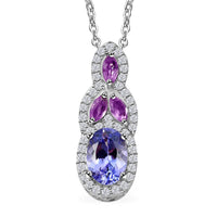 Tanzanit and Multi Gemstone 1.40 ctw Blooming Flower Pendant Necklace in Rhodium Over Sterling Silver 20 Inches