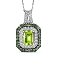 Peridot and Multi Gemstone 3.65 ctw Double Halo Pendant Necklace 20 Inches in Rhodium Over Sterling Silver