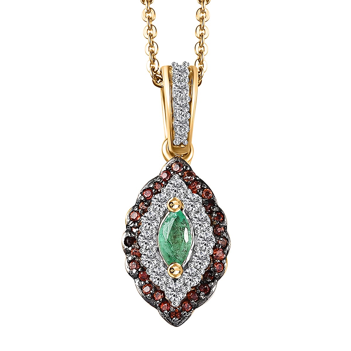 Boyaca Colombian Emerald, White and Brown Zircon 0.60 ctw Art Deco Pendant Necklace in 18K Vermeil Yellow Gold Over Sterling Silver 20 Inches