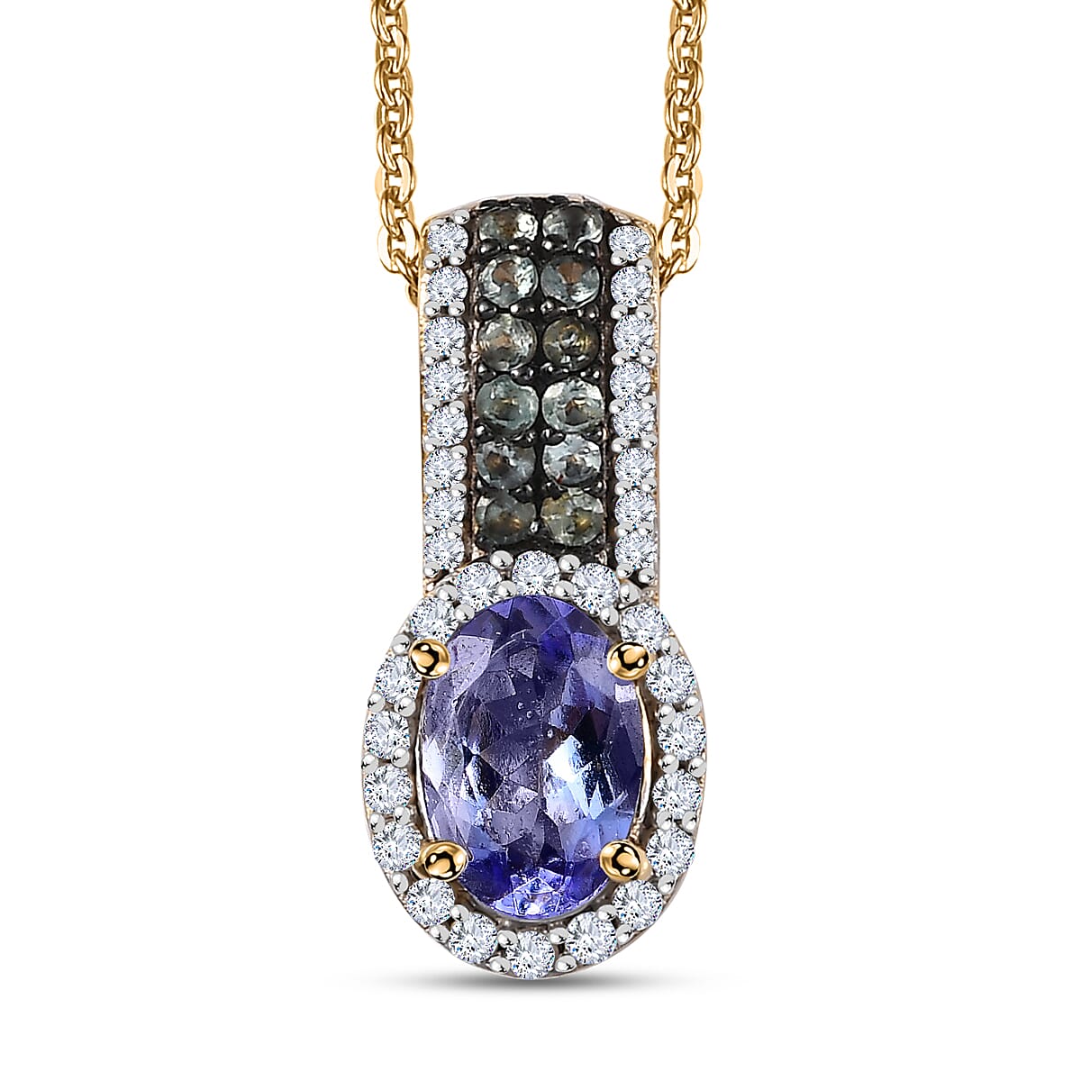 Tanzanite and Multi Gemstone 1.40 ctw Peacock Feather Pendant Necklace in 18K Vermeil Yellow Gold Over Sterling Silver 20 Inches