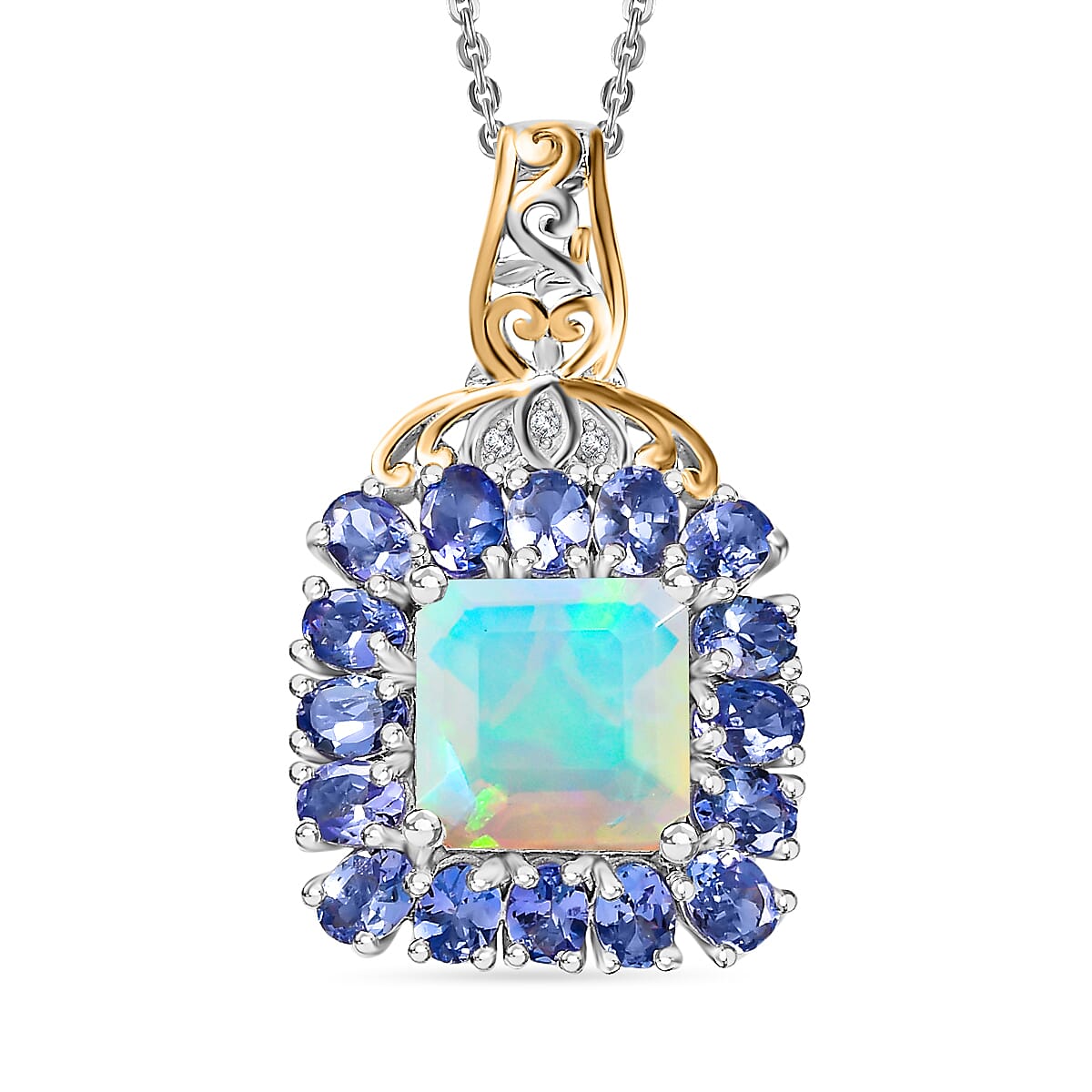 TLV Premium Ethiopian Welo Opal, Tanzanite, White Zircon Pendant Necklace (20 Inches) in Rhodium Over Sterling Silver 5.40 ctw