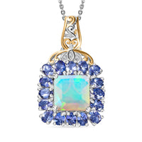 TLV Premium Ethiopian Welo Opal, Tanzanite, White Zircon Pendant Necklace (20 Inches) in Rhodium Over Sterling Silver 5.40 ctw