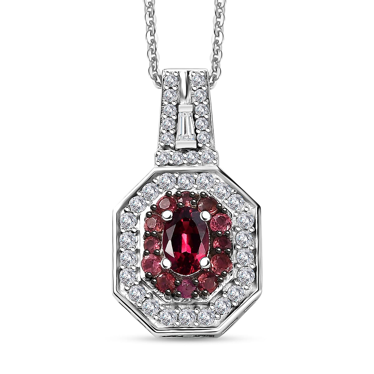 Ofiki Rubellite and Moissanite 1.50 ctw Pendant Necklace in Rhodium Over Sterling Silver 20 Inches