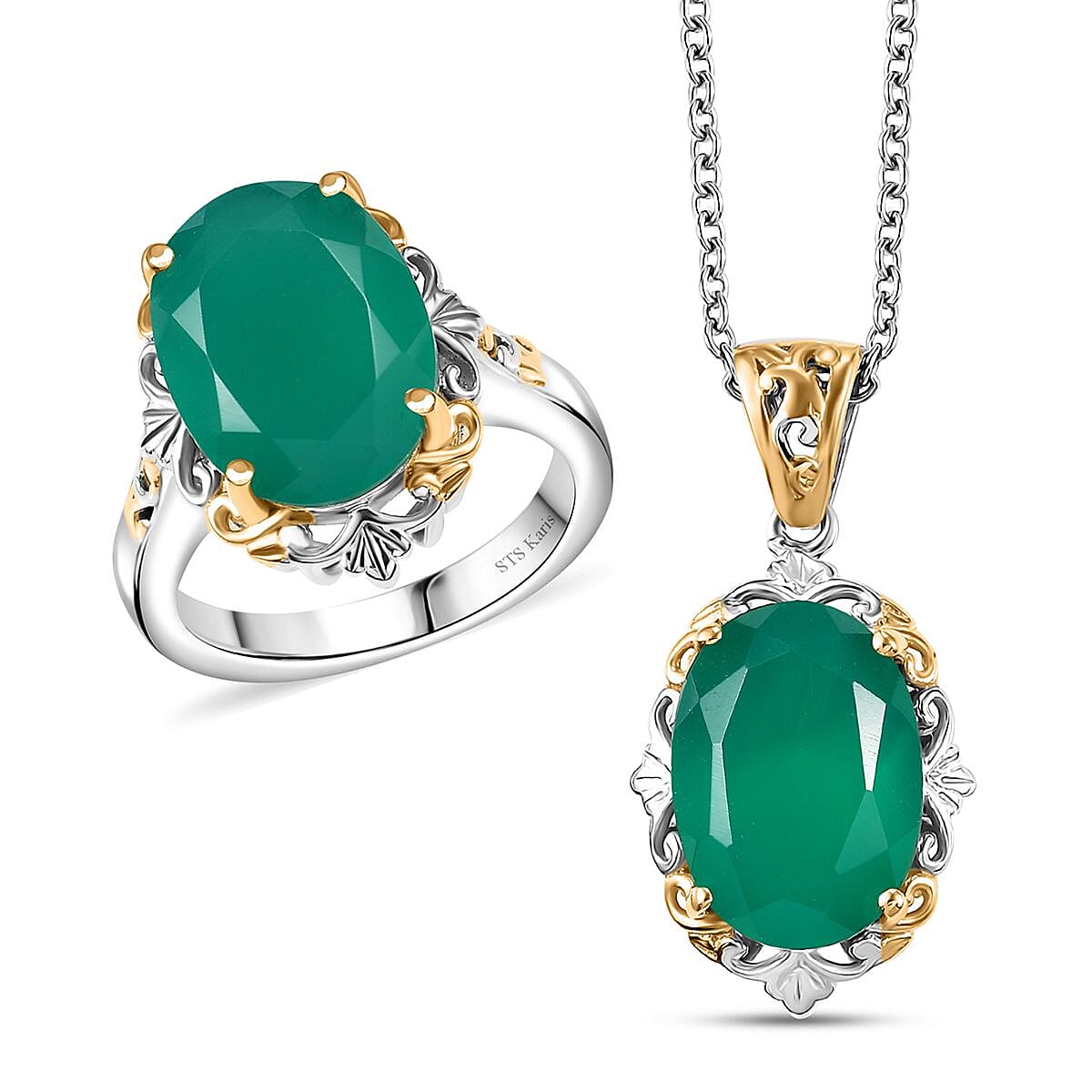 Karis Verde Onyx Ring (Size 5.0) and Pendant in 18K YG Plated and Platinum Bond with Stainless Steel Necklace (20 Inches) 11.00 ctw
