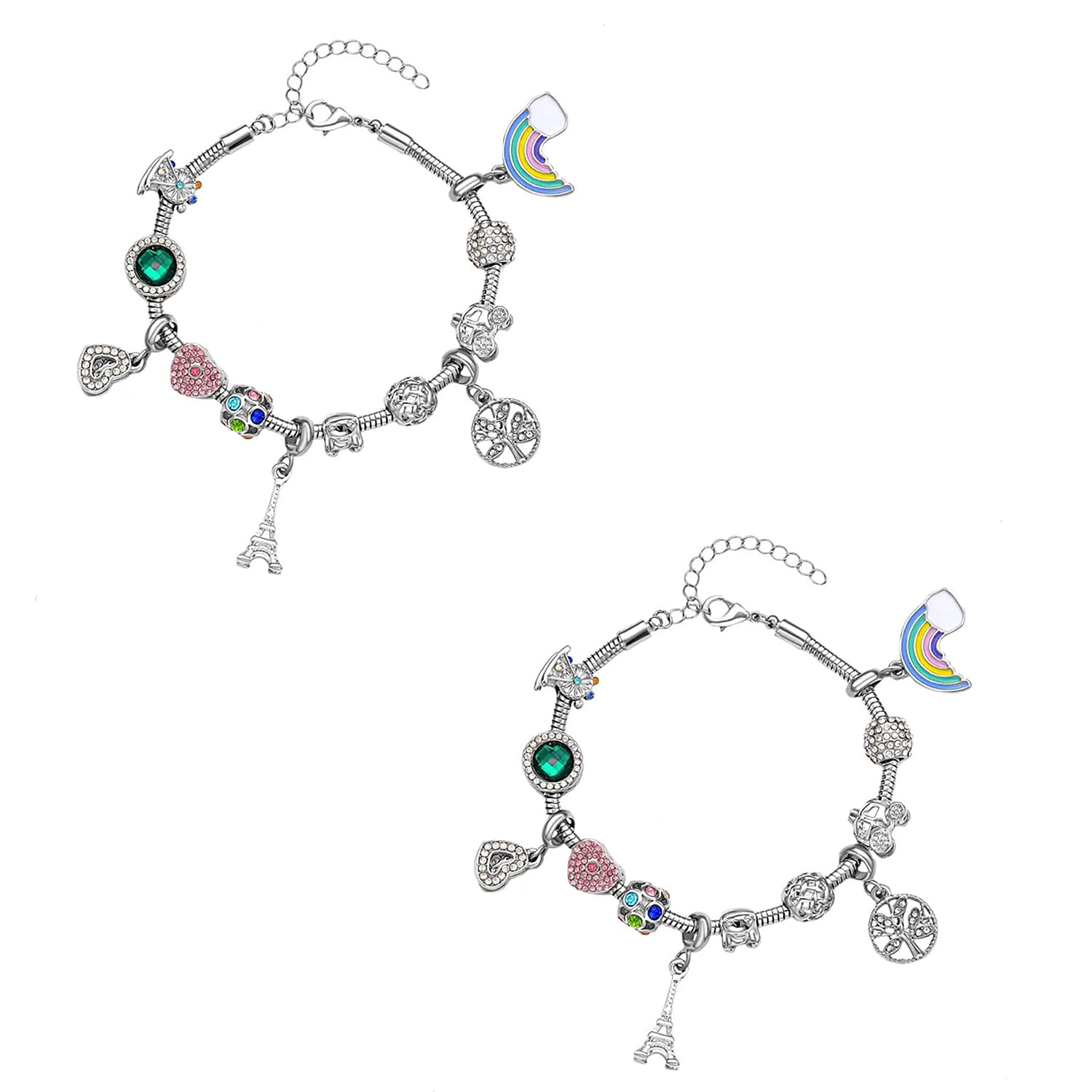 Gift Set of 2 - Snake Chain Bracelet with Interchangeable 12 pcs Charms with Crystal in Silvertone (7.0-9.0In)